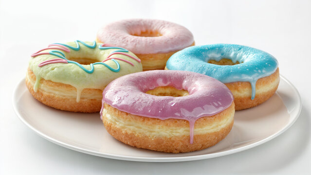 Beautiful donuts with colored icing, on a white plate