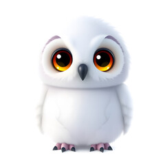 Obraz premium Snowy Owl – 3D baby snowy owl, round fluffy body, tiny beak, big glowing eyes, pastel white and lilac tones, white background. Generative AI