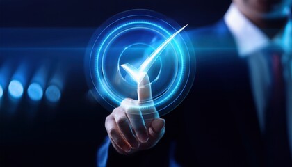 Businessman pressing a button on a futuristic interface with a glowing checkmark displaying success