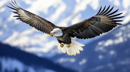 Obraz premium Majestic bald eagle soars high above the snowy mountain landscape, embodying freedom
