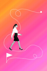 Trend image vertical photo collage of happy businesswoman walk road path flagpole finish development success manager purpose