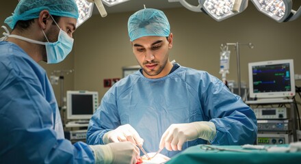 Surgeons performing a complex operation in a modern operating room, with medical equipment in the background