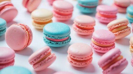 Fototapeta premium Close-up of colorful macarons with pink and blue hues, scattered on a white surface, generative AI sweet banner