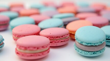 Obraz premium Close-up of colorful macarons with pink and blue hues, scattered on a white surface, generative AI sweet banner