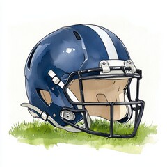 Fototapeta premium Detailed Watercolor Painting of a Navy Blue Football Helmet on Grass