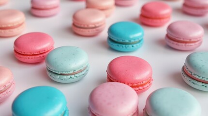 Close-up of colorful macarons with pink and blue hues, scattered on a white surface, generative AI sweet banner