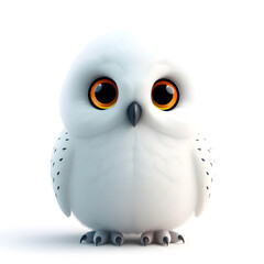 Obraz premium Snowy Owl – 3D baby snowy owl, round fluffy body, tiny beak, big glowing eyes, pastel white and lilac tones, white background. Generative AI