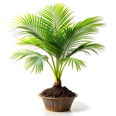 Obraz premium Small potted palm tree isolated on white background with tropical leaves and a simple decorative style