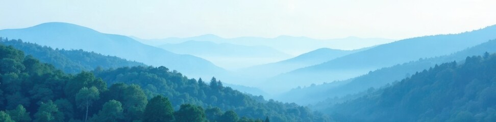 Fototapeta premium Soft serene landscape with rolling hills and misty forests in a light blue abstract background, nature, scenery