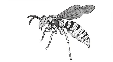 Obraz premium Detailed Wasp Illustration with Black and White Line Work on White