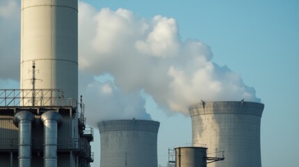 Obraz premium Close-up of large industrial chimneys from a power plant, releasing dense smoke into the atmosphere, with metal frameworks and industrial pipes visible in the background
