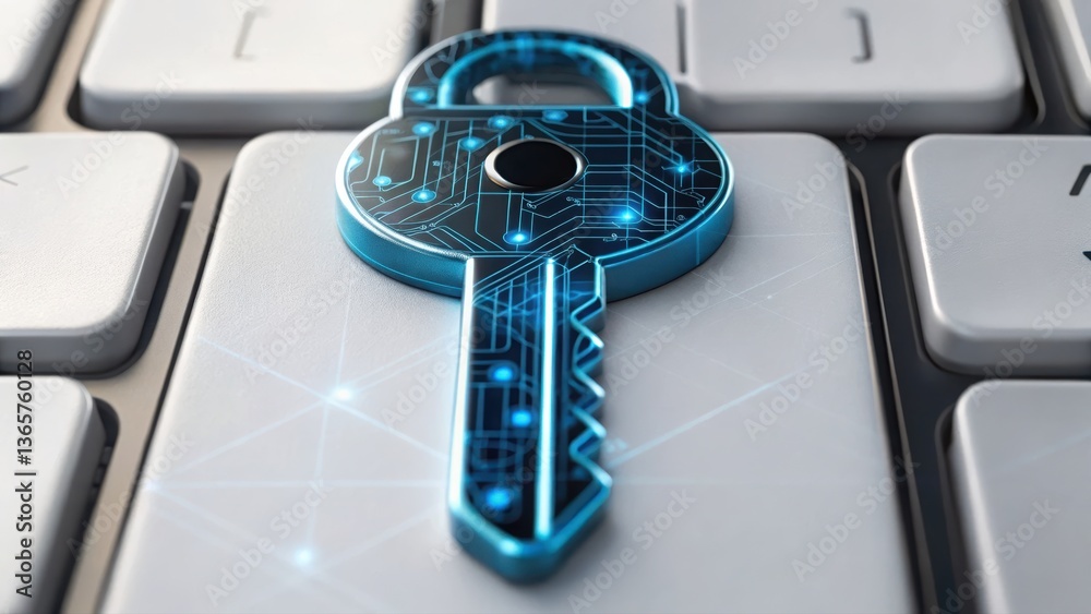 Poster cyber key positioned on a computer keyboard unlocking digital potential in a futuristic setting