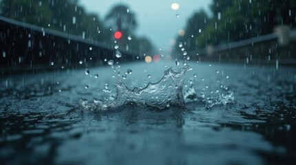 Close-up of raindrops hitting a water surface during a heavy rainstorm, creating splashes and ripples, with soft blurred reflections of stormy skies adding mood and intensity