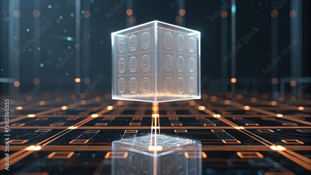 Poster glowing semi-transparent cube illuminating a futuristic environment with intricate inscribed pattern