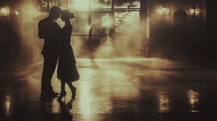 A couple dancing in a dimly lit ballroom, with shadowy outlines and soft grainy texture, evoking a vintage noir atmosphere.