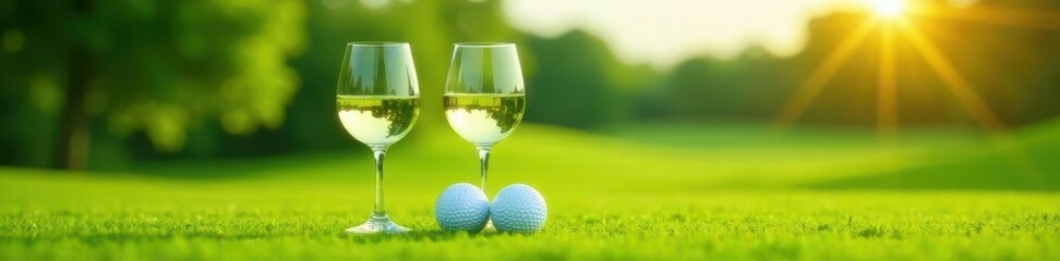 Two glasses of crisp white wine beside pristine golf balls on lush green , calm, outdoor, balls