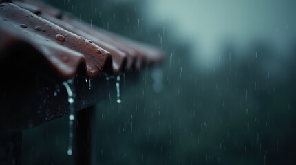 Close-up of water dripping from a tiled roof edge, dark stormy sky behind