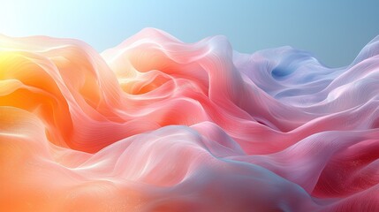 Fototapeta premium Abstract vibrant waves with soft gradient curves in light blue, yellow, pink, and orange tones, modern 3D rendered flat design blending dynamic shapes and blurred edges on white space. 