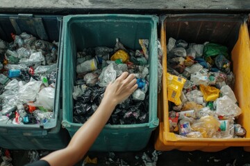 Sorting waste at a recycling station in an urban area during daylight hours
