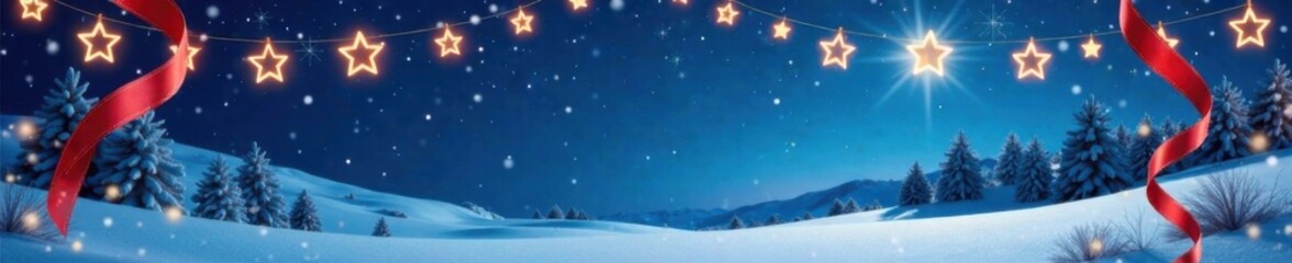 Naklejka premium Swirl ribbon garland with stars hanging from dark blue sky over snowy landscape with Christmas banner, snow, Christmas, dark