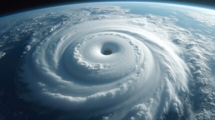 Close-up satellite view of a massive hurricane eye with dense clouds and spiraling bands, showcasing the structure and strength of a powerful storm during hurricane season