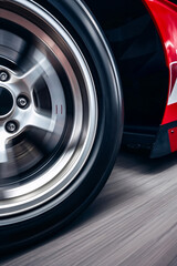 Race car wheel in close up. Sport vehicle racing on a track on high speed