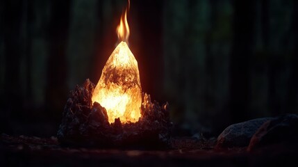 Glowing crystal flame in a dark forest setting, illuminating surrounding rocks and trees
