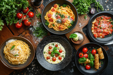 Table with three bowls: pasta, tomatoes, parmesan.