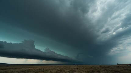 Fototapeta premium Dark storm clouds rolling over a vast open landscape, dramatic gray sky