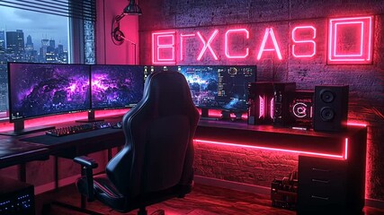 Modern gaming setup in a stylish room with neon lights and city view at night