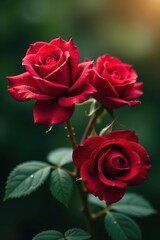Fototapeta premium Three deep crimson roses, dew-kissed, in soft light , crimson roses, elegance, plant