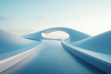 Long pool with curved edge, framed by lush greenery under a clear blue sky.
