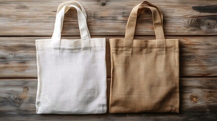 White and Brown Reusable Shopping Bags on Wood, Eco-Friendly Tote Bags for Groceries