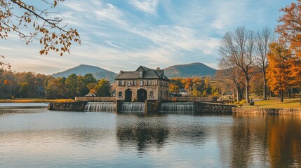 Obraz premium Autumn lake house dam scenic fall landscape