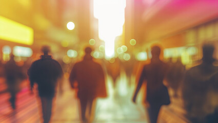 Crowd walking on a city street at sunset
