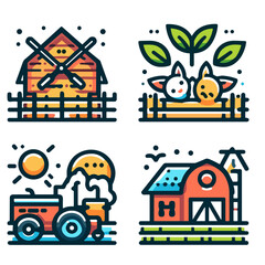 Naklejka premium Farm-themed illustrations featuring animals and landscapes. Farm life 
