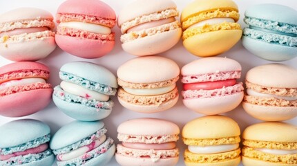 Fototapeta premium Square banner of colorful macarons in mocco and white, arranged in a circle, white backdrop, generative AI charm