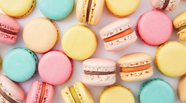 Square banner of colorful macarons in mocco and white, arranged in a circle, white backdrop, generative AI charm