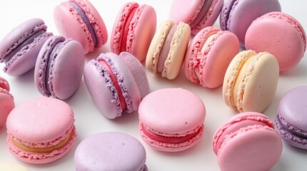 Obraz premium Square banner of colorful macarons in purple and pink, arranged in a circle, white backdrop, generative AI charm