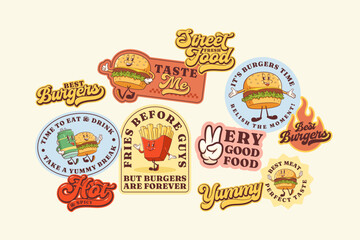 Groovy Burger Retro Character Stickers Set. Cartoon Hamburger, French Fries, Beer Walking and Smiling. Vector Street Food Mascot Templates Patches Collection. Vintage Fast Food Illustrations Isolated