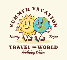 Summer Vacation Travel the World Retro Cartoon Characters Label. Groovy Sun and Planet Earth Illustration with Typography. Beach Personage Walking Smiling Vintage Vector Drawing Logo Poster Isolated