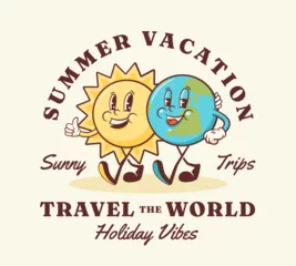 Summer Vacation Travel the World Retro Cartoon Characters Label. Groovy Sun and Planet Earth Illustration with Typography. Beach Personage Walking Smiling Vintage Vector Drawing Logo Poster Isolated