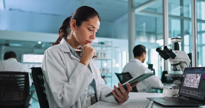 Tablet, thinking and woman with research for science, pharma insight or virus analysis. Pen, technology and scientist in laboratory with medical data, development and problem solving for healthcare