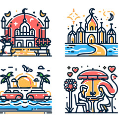 Honeymoon destinations. Iconic landmarks in colorful line art depicting romance and nature  