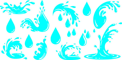 Naklejka premium Water drops and splash silhouette set. Blue different liquid shapes collection isolated on white background. Flat style. Vector illustration. 