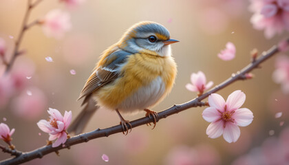 Fototapeta premium Songbird Perched on a Blooming Cherry Blossom Branch in Springtime