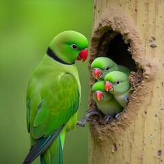 Vibrant Green Parakeet with Three Curious Chicks