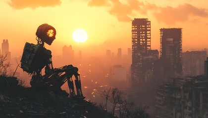 Obraz premium A robot sitting alone in an abandoned city, watching the sunset over the ruined skyline, cinematic poignant sci-fi