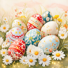 Fototapeta premium Illustration of brightly colored Easter eggs in a lush meadow. Each egg is decorated with a floral pattern, surrounded by blooming daisies and green grass, against a pastel-colored sky