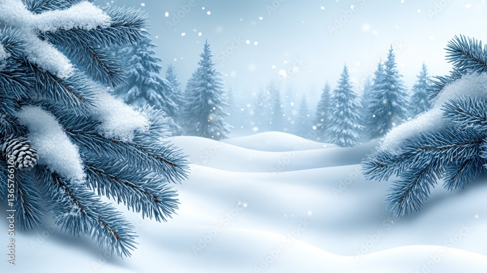 Poster snowy winter landscape with snow-covered pine branches in the foreground and a forest in the backgro